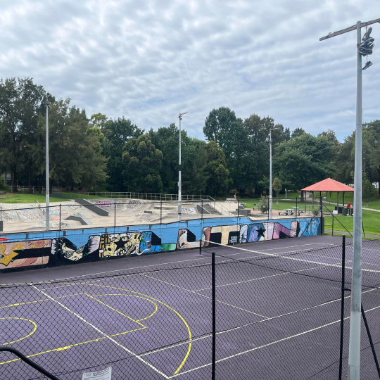 Tennis court and skatepark with trees